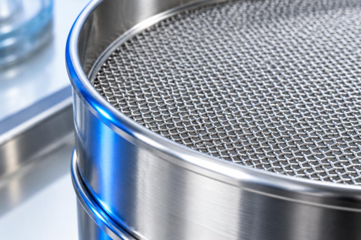 Close detail of precision stainless-steel test sieve mesh